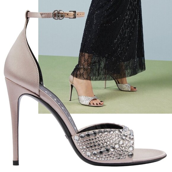 GUCCI SHOES CRYSTAL EMBELLISHED SATIN HIGH HEEL SANDALS sz 39 9 - Picture 1 of 15
